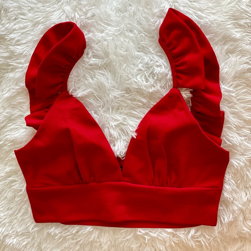 Ruffle Strap Plunging Triangle Bralette Top